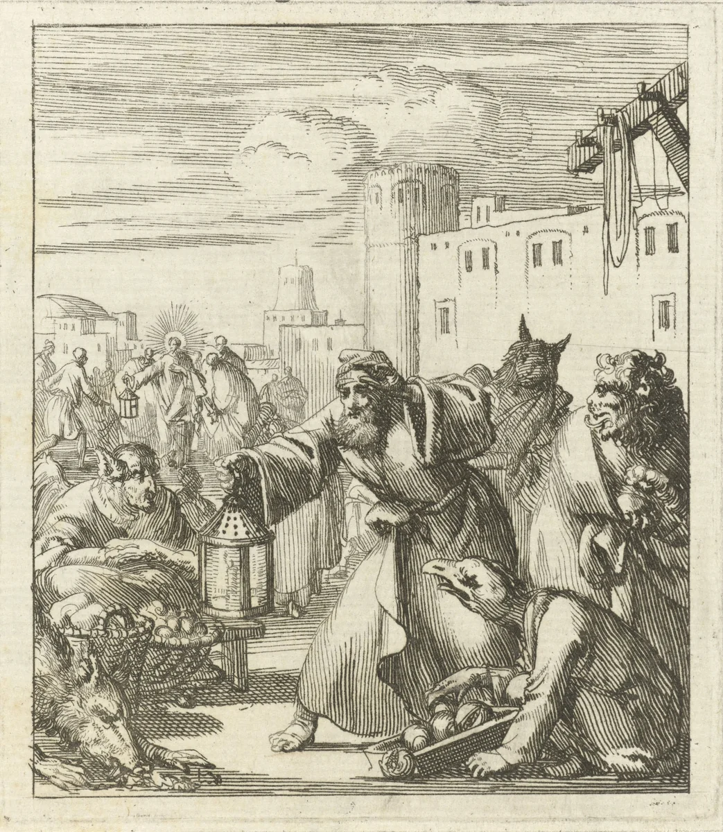 Diogenes vindt Satan vermomd als koopvrouw, op de achtergrond Christus omringd door figuren by Jan Luyken, print, 1689