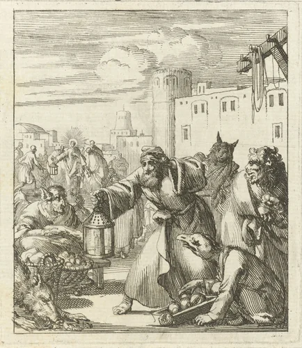 Diogenes vindt Satan vermomd als koopvrouw, op de achtergrond Christus omringd door figuren by Jan Luyken, print, 1689