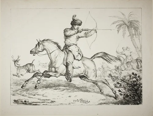 Kalmouk Archers Hunting Deer by Carle Vernet, print, 1815-1825