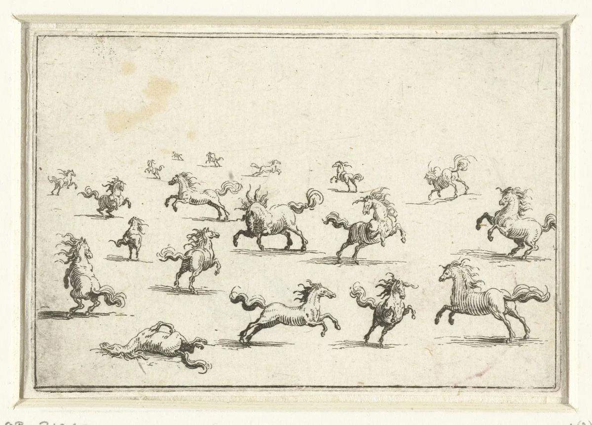 Paarden in diverse houdingen by Jacques Callot, print, 1621
