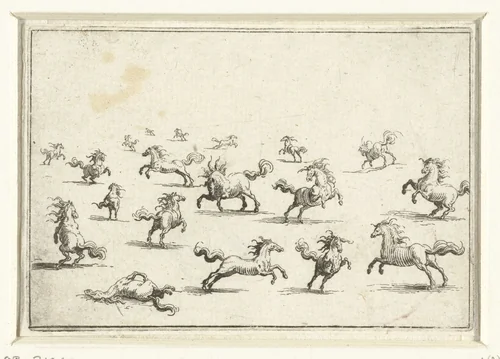 Paarden in diverse houdingen by Jacques Callot, print, 1621