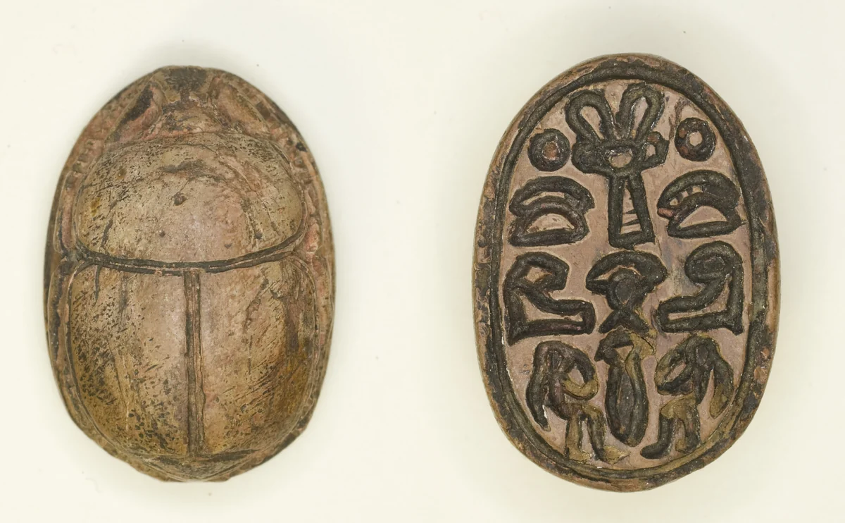 Scarab: Hathor Sistrum with Hieroglyphs (xaw-signs, hAt-signs, child signs, papyrus stalk) by Egyptian, other, -1950--1773