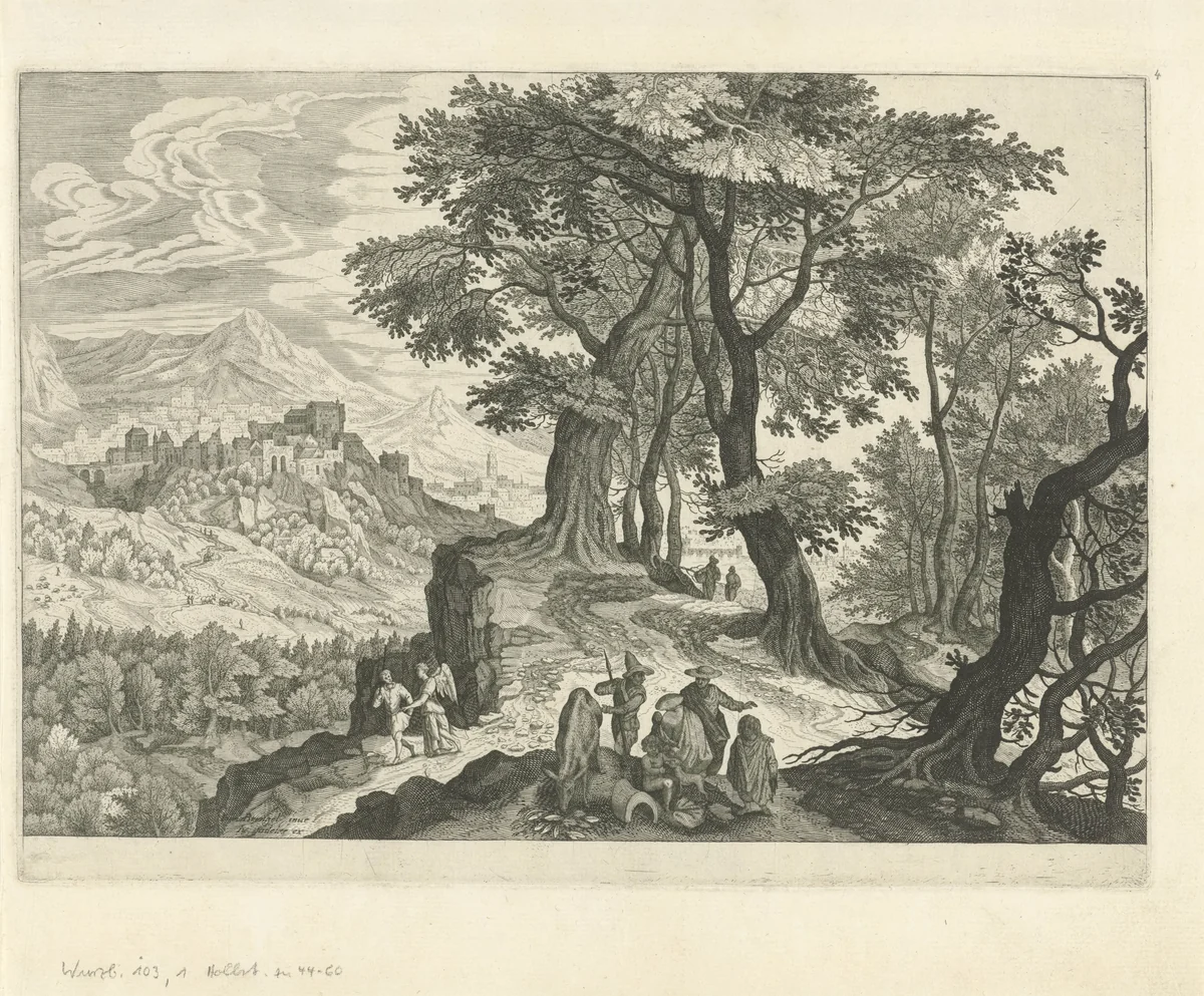 Tobias en de engel in een landschap by Aegidius Sadeler, print, 1580-1620