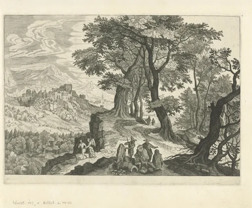 Tobias en de engel in een landschap by Aegidius Sadeler, print, 1580-1620