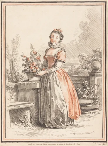 A Young Woman Standing in a Park by Gilles-Antoine Demarteau; Jean-Baptiste Le Prince, print, 1750-1802