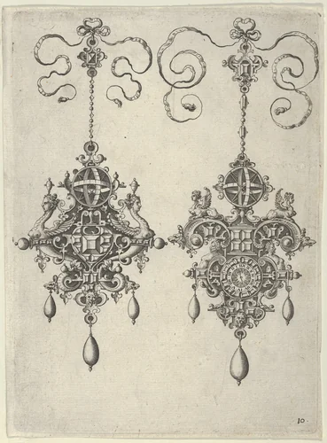 Two Pendant Designs with Sun-Dials on Top by Jan Collaert, print, 1581-1636