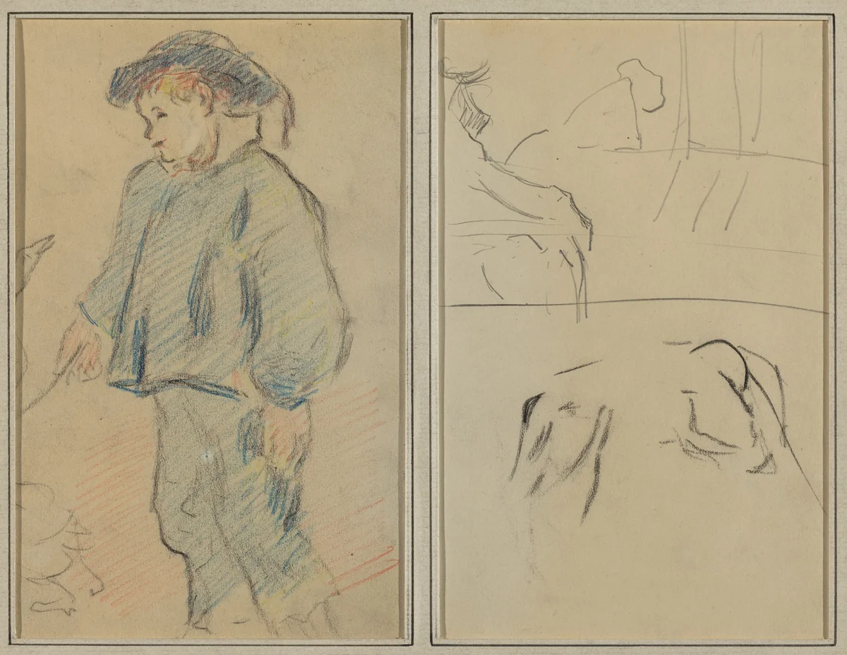 Breton Boy Tending Geese; Cows and a Figure Leaning on a Ledge [verso] by Paul Gauguin, drawing, 1884-1888