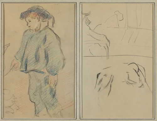 Breton Boy Tending Geese; Cows and a Figure Leaning on a Ledge [verso] by Paul Gauguin, drawing, 1884-1888