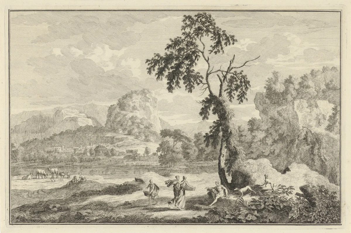 Arcadisch rivierlandschap met diverse figuren bij een boom by Adolf van der Laan, print, 1710-1747