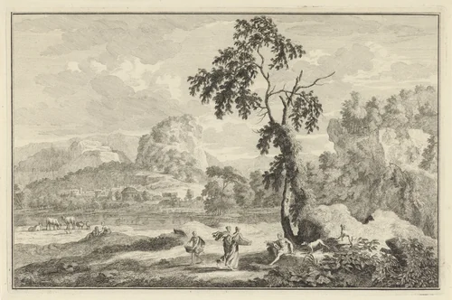 Arcadisch rivierlandschap met diverse figuren bij een boom by Adolf van der Laan, print, 1710-1747