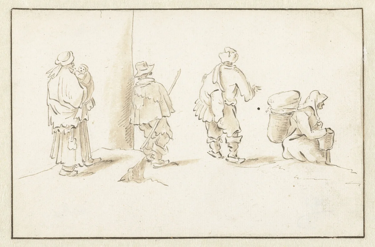 Moeder met kind, twee mannen en een marktvrouw by Herman Saftleven, drawing, 1619-1685