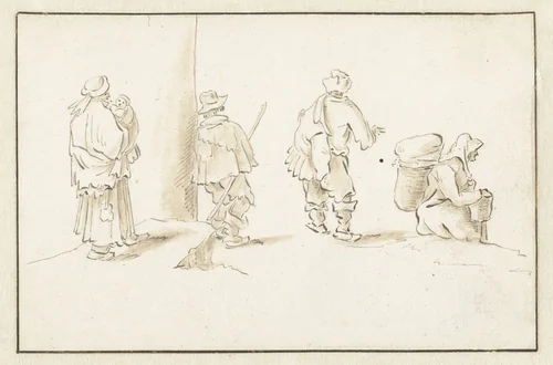 Moeder met kind, twee mannen en een marktvrouw by Herman Saftleven, drawing, 1619-1685