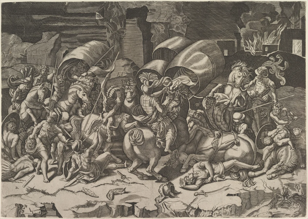 Battle with a Cutlass by Marco Dente, print, 1510-1532