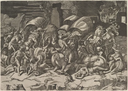 Battle with a Cutlass by Marco Dente, print, 1510-1532