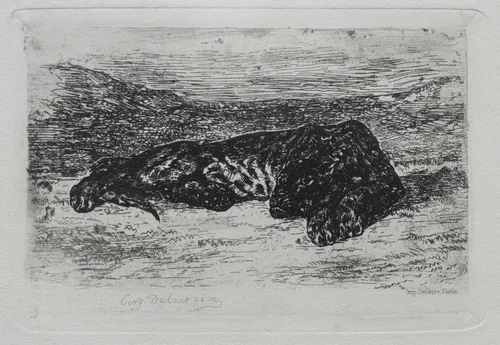 Crouching Tiger in the Desert by Eugène Delacroix, print, 1846