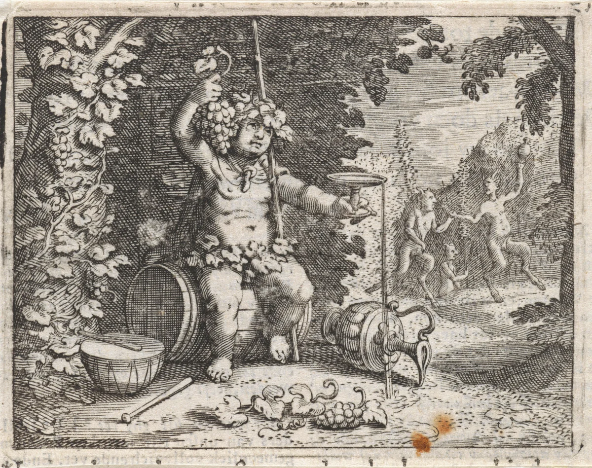 Bacchus als god van de wijn by Pieter Serwouters, print, 1616-1657