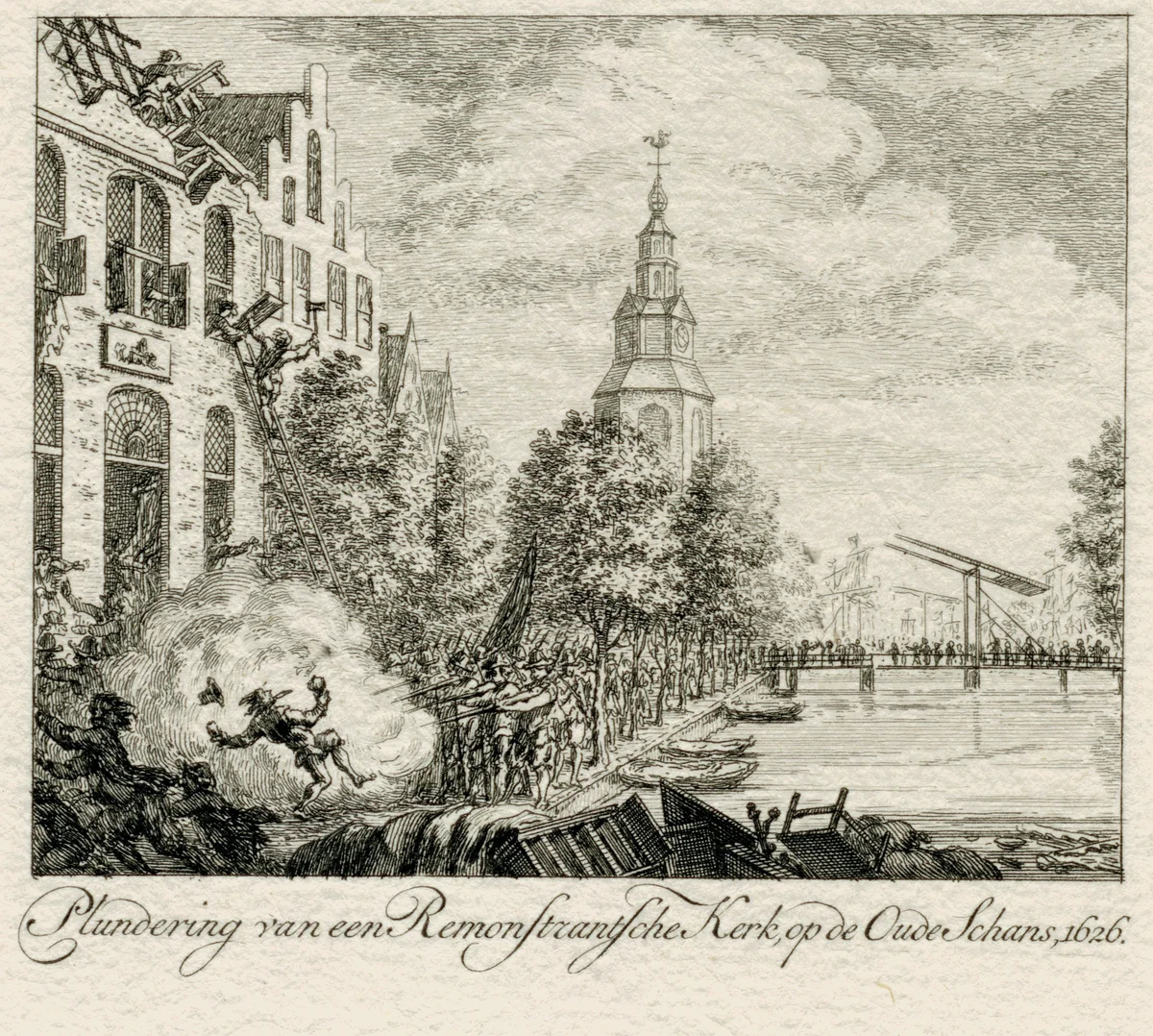 Plundering van een Remonstrante kerk op de Oude Schans, 1626 by Simon Fokke, print, 1722-1784