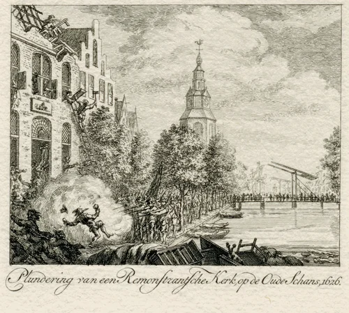 Plundering van een Remonstrante kerk op de Oude Schans, 1626 by Simon Fokke, print, 1722-1784