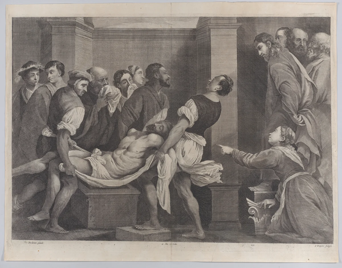 The raising of Lazarus, who is carried by three men at left, while his sister and Christ look on at right; from "Theatrum Pictorium" by Jan van Troyen, print, 1651-1665