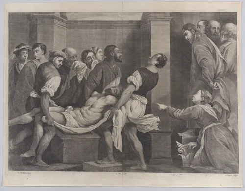 The raising of Lazarus, who is carried by three men at left, while his sister and Christ look on at right; from "Theatrum Pictorium" by Jan van Troyen, print, 1651-1665