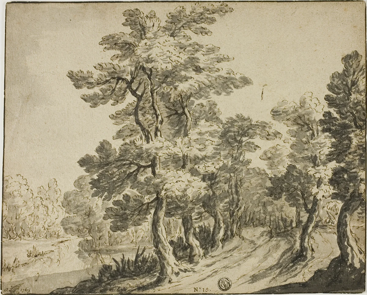 Road through Leafy Trees near Stream by Zacharias Blyhooft, drawing, 1658-1680