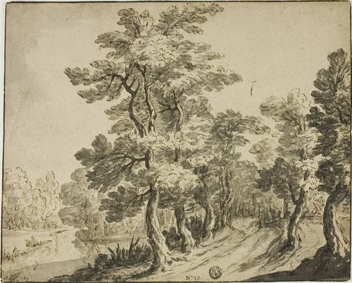 Road through Leafy Trees near Stream by Zacharias Blyhooft, drawing, 1658-1680