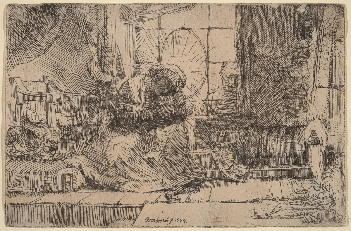 The Virgin and Child with the Cat and Snake by Rembrandt van Rijn, print, 1654