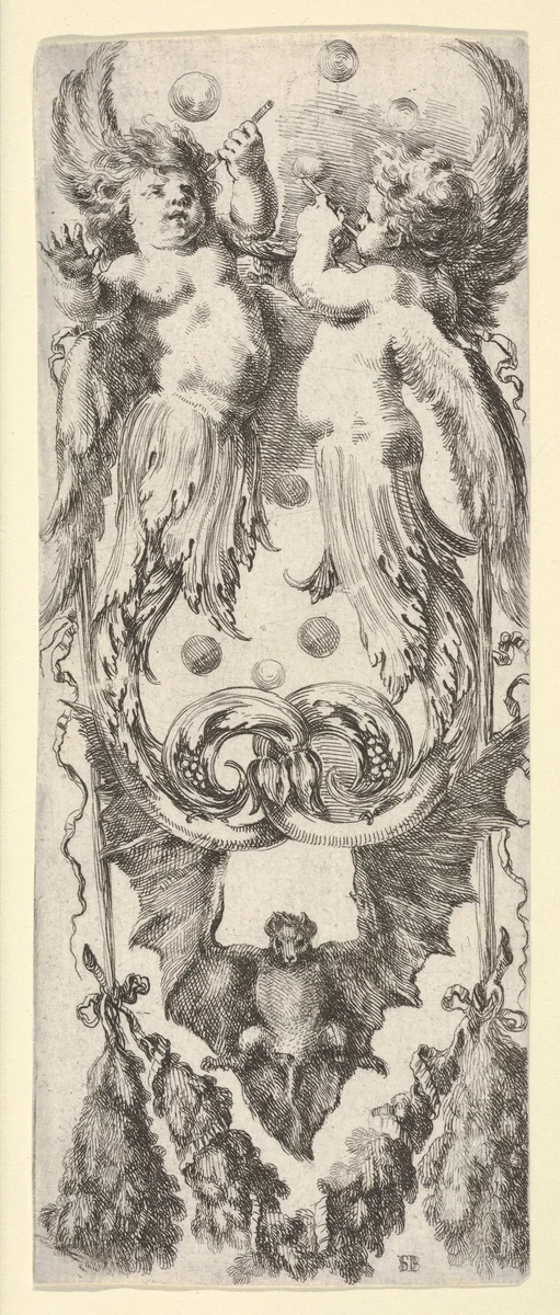 Two putti above, their legs ending in scrollwork, a bat below,, from "Ornaments or Grotesques" (Ornamenti o Grottesche) by Stefano della Bella, print, 1650-1656