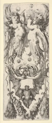 Two putti above, their legs ending in scrollwork, a bat below,, from "Ornaments or Grotesques" (Ornamenti o Grottesche) by Stefano della Bella, print, 1650-1656