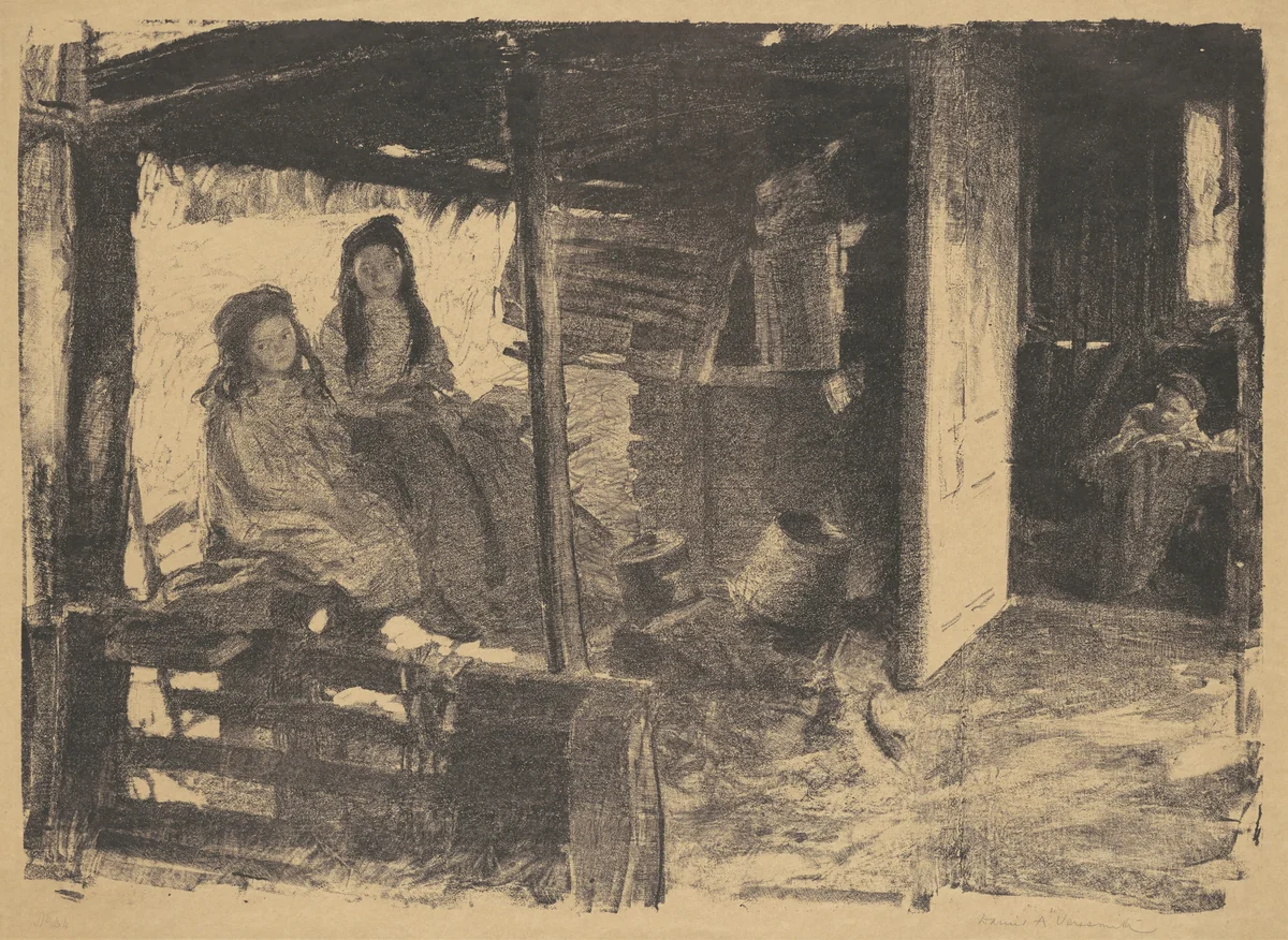 Untitled (2 girls in a barn) by Daniel Albert Veresmith, print, 1917