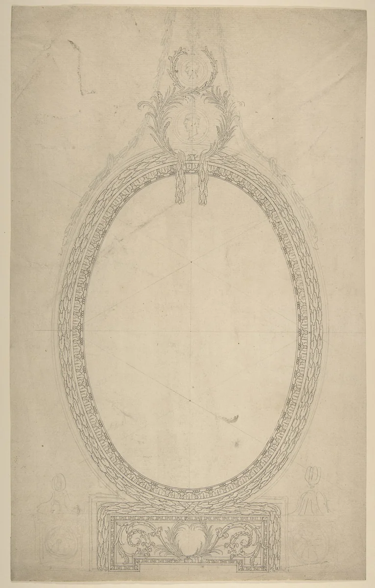 Design for a Girandole Mirror, an Oval Resting on an Oblong Base, Terminated by Two Superimposed Circular Frond-motifs, Topped with a Lion's Head from Which Hang Floral Swags and Pendants by Sir William Chambers, drawing, 1770-1780
