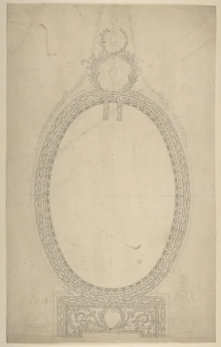 Design for a Girandole Mirror, an Oval Resting on an Oblong Base, Terminated by Two Superimposed Circular Frond-motifs, Topped with a Lion's Head from Which Hang Floral Swags and Pendants by Sir William Chambers, drawing, 1770-1780