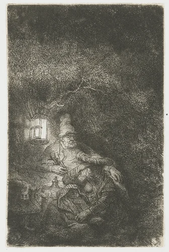 The rest on the flight into Egypt: a night piece by Rembrandt van Rijn, print, 1644