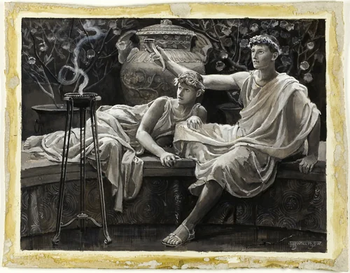 Checking His Love Trance, a Cup He Took Full Brimm'd by Will Hicock Low, drawing, 1885