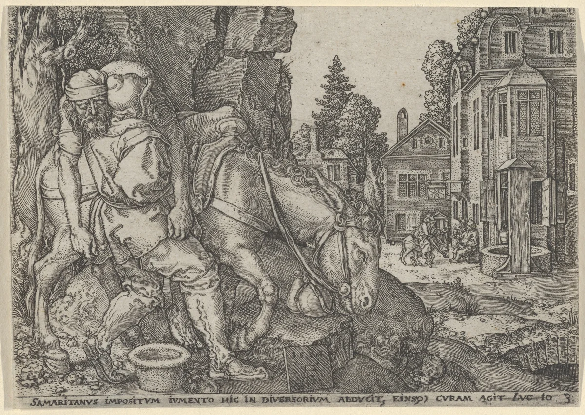 The Good Samaritan Putting the Traveller on His Donkey, from "The Parable of the Good Samaritan" by Heinrich Aldegrever, print, 1554
