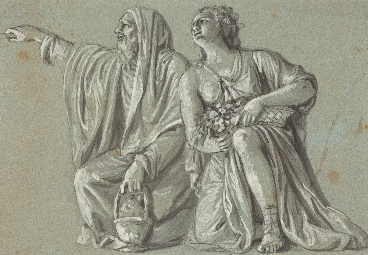 Two Kneeling Figures with Offerings by Roman, drawing, 1700-1799