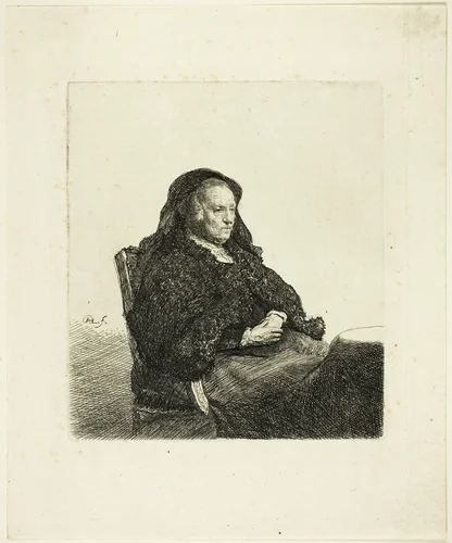 The Artist's Mother Seated at a Table, Looking Right: Three Quarter Length by Rembrandt van Rijn, print, 1626-1636