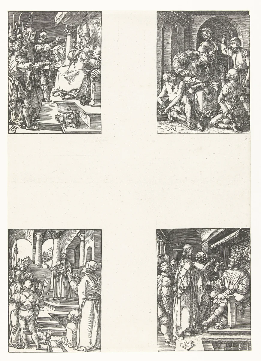 Christus voor Kajafas, Bespotting, Christus voor Pilatus, Christus voor Herodes by Unknown, print, 1508-1509