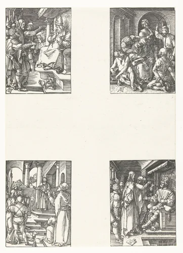 Christus voor Kajafas, Bespotting, Christus voor Pilatus, Christus voor Herodes by Unknown, print, 1508-1509