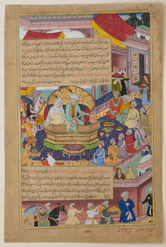 "Tumanba Khan, His Wife, and His Nine Sons", Folio from a Chingiznama (Book of Genghis Khan) by Basawan, manuscript, 1571-1621