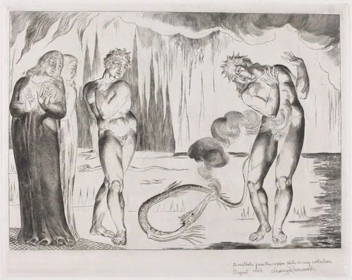 The Circle of the Thieves; Buoso Donati Attacked by the Serpent by William Blake, print, 1827
