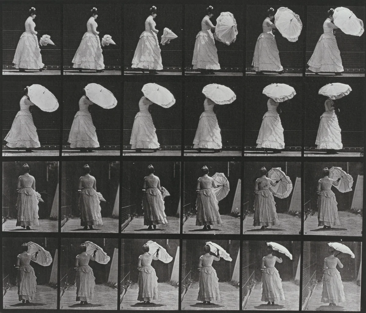 Plate Number 38. Walking and opening a parasol by Eadweard Muybridge, photograph, 1887