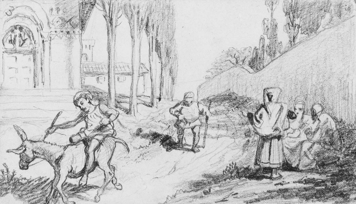 The Fable of the Miller, His Son and the Donkey No. 3 by Elihu Vedder, artwork, 1860