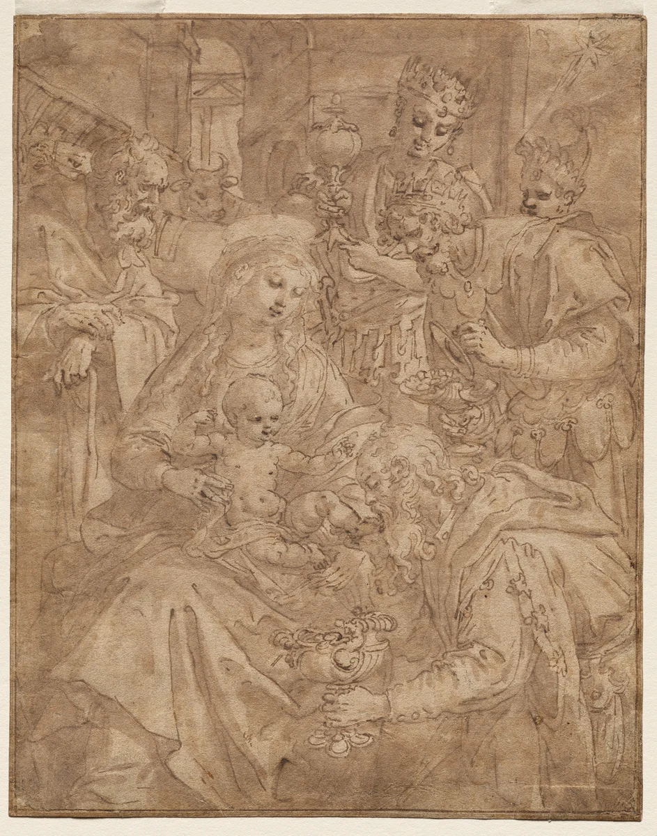 Adoration of the Magi by Maarten de Vos, drawing, 1585-1595