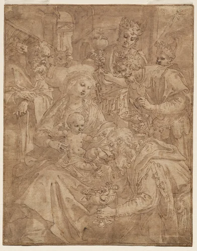 Adoration of the Magi by Maarten de Vos, drawing, 1585-1595