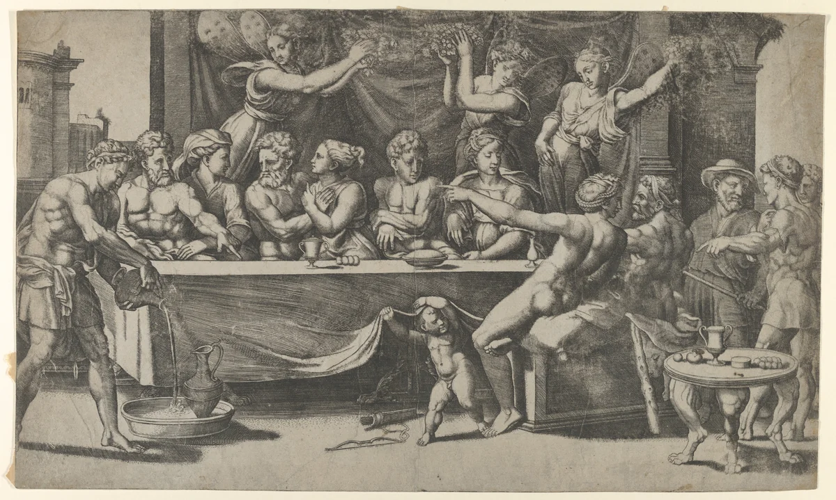 The Olympian gods at the marriage feast of Cupid and Psyche, after Raphael by Master of the Die, print, 1530-1535