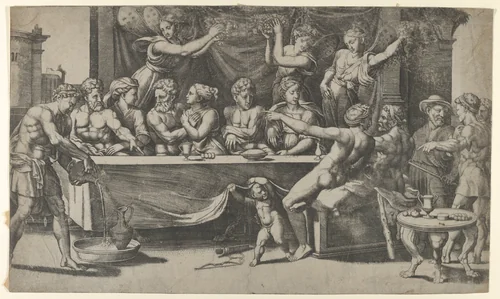 The Olympian gods at the marriage feast of Cupid and Psyche, after Raphael by Master of the Die, print, 1530-1535
