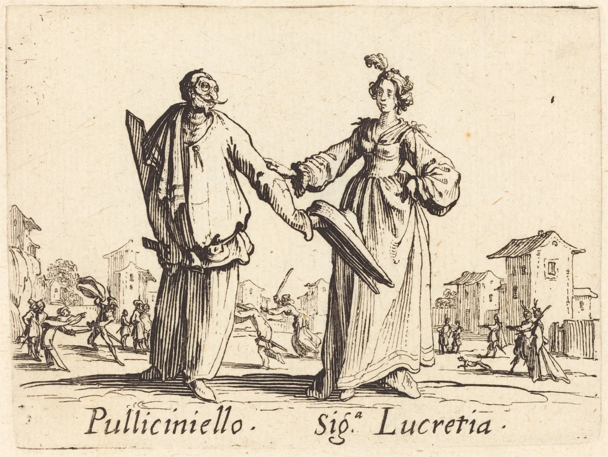 Pulliciniello and Siga. Lucretia by Jacques Callot, print, 1622