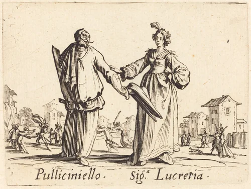 Pulliciniello and Siga. Lucretia by Jacques Callot, print, 1622