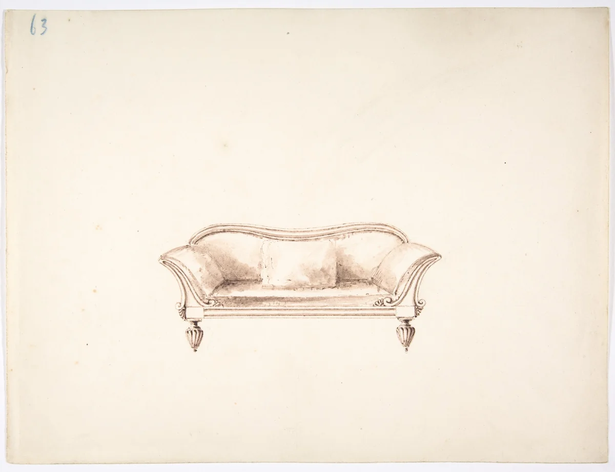 Design for a Sofa with Wing-like Arms by anonymous, drawing, 1800-1850